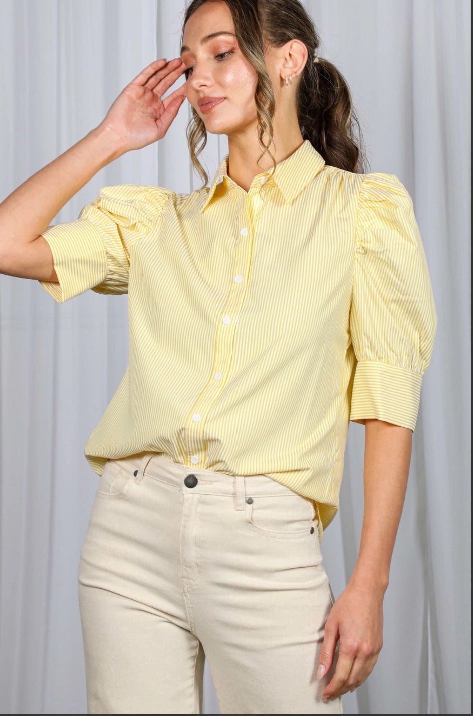 Collared Neck Short Puff Sleeve Striped Blouse