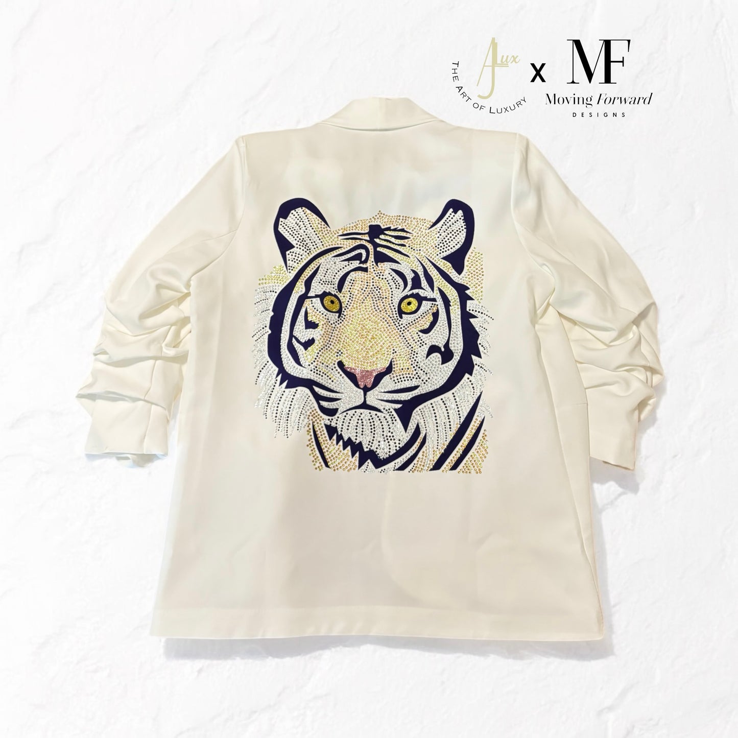 Purple and Gold Tiger Face - Ruched White Blazer