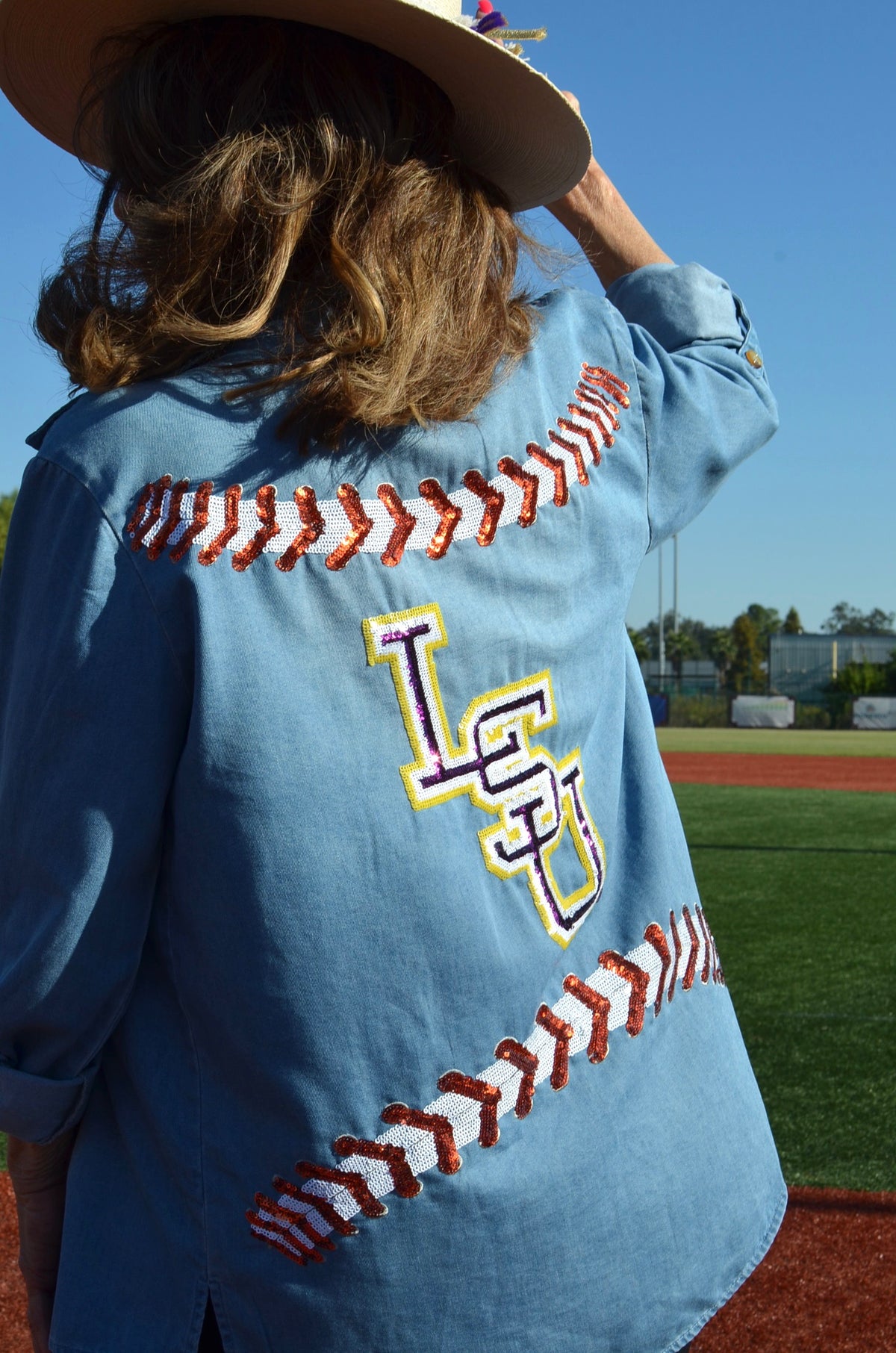 Sequin Baseball Denim Button Down(Licensed LSU)
