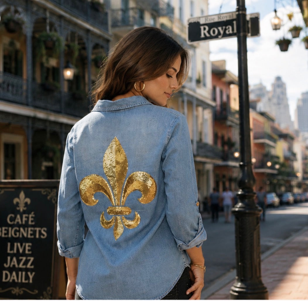 Gold Sequin Fleur de Lis Denim Button Down