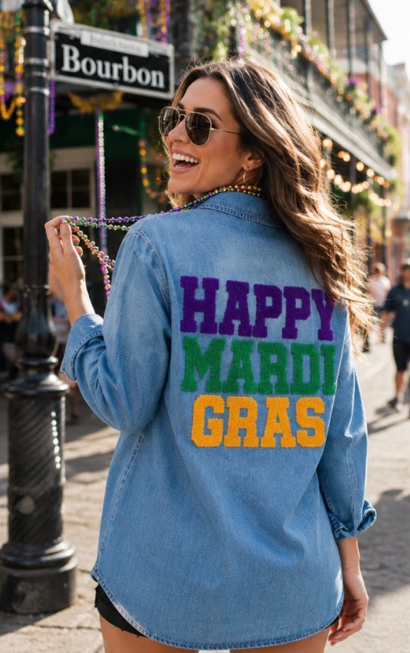 Denim Button Down "Happy Mardi Gras"