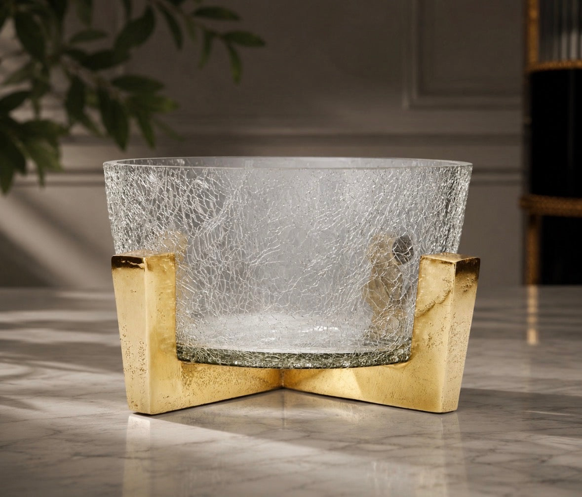 Lux Hammered Glass Bowl On Gold Block Base
