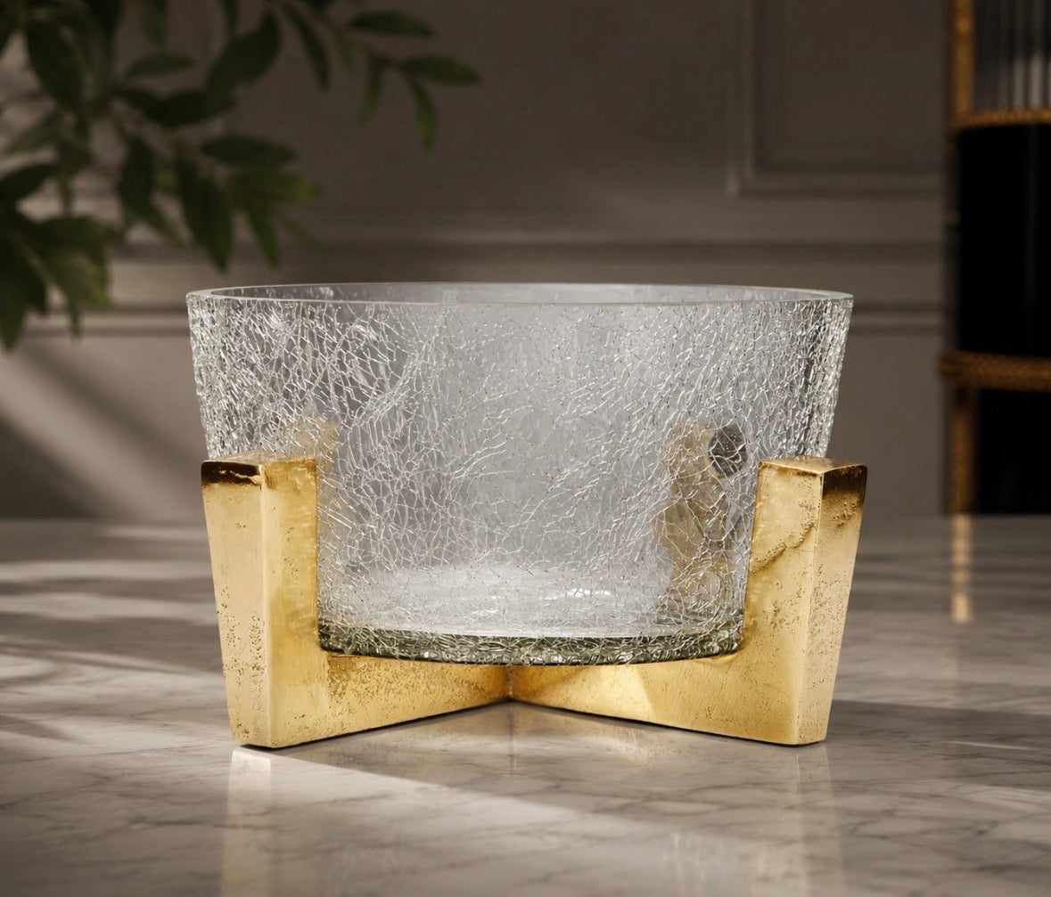 Lux Hammered Glass Bowl on Gold Block Base