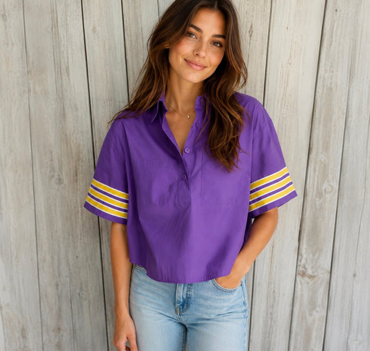 Stripe Sleeve Poplin-Purple & Yellow