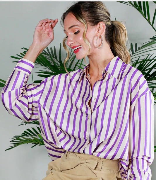 Lavender Vertical Stripe Printed Satin Blouse Top