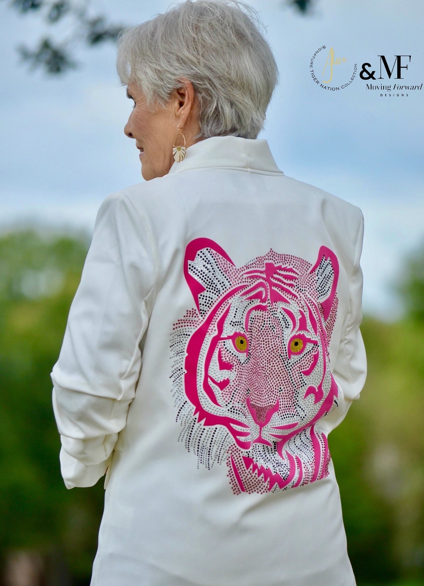 "ROAR for a CURE" Pink and Gold Tiger Face - Ruched White Blazer