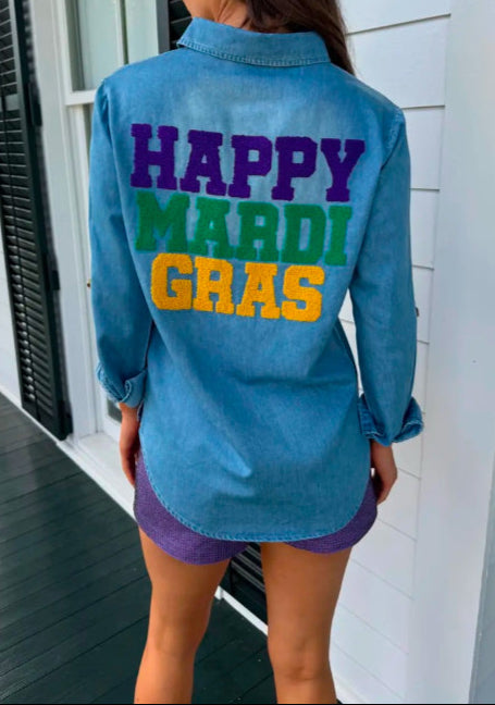 Denim Button Down "Happy Mardi Gras"