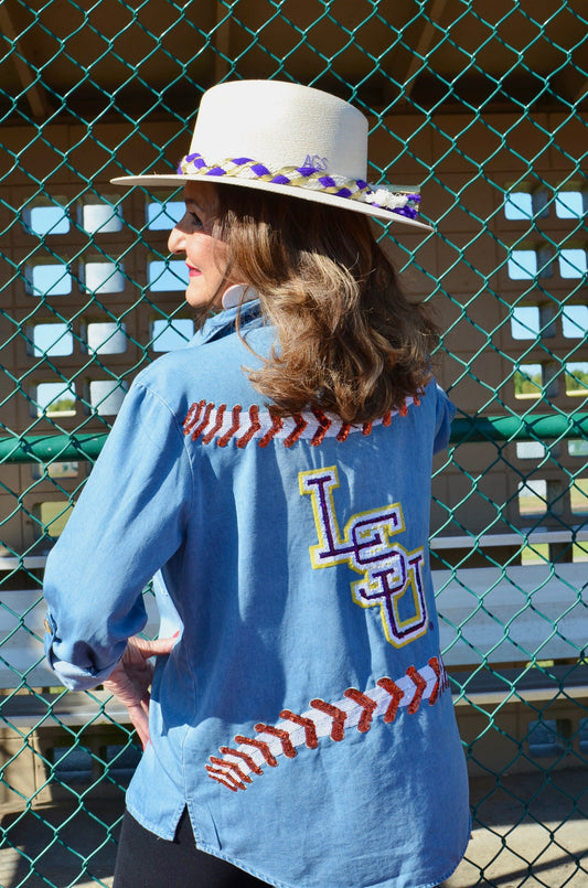 Sequin Baseball Denim Button Down - PRE-Order