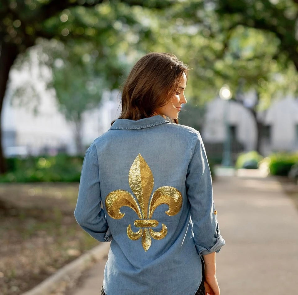 Gold Sequin Fleur de Lis Denim Button Down