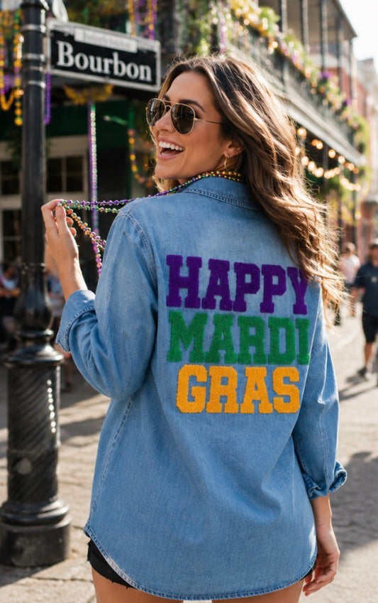 Denim Button Down "Happy Mardi Gras"
