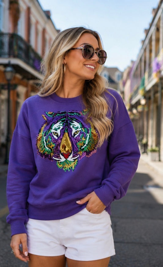 Mardi Gras Sequin Tiger Sweatshirt - Purple