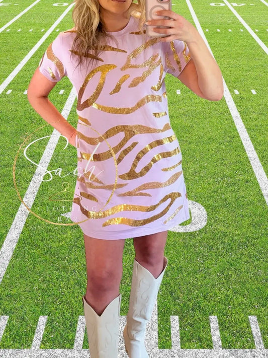 Gameday Purple and Gold Tiger Sequin Striped Dress