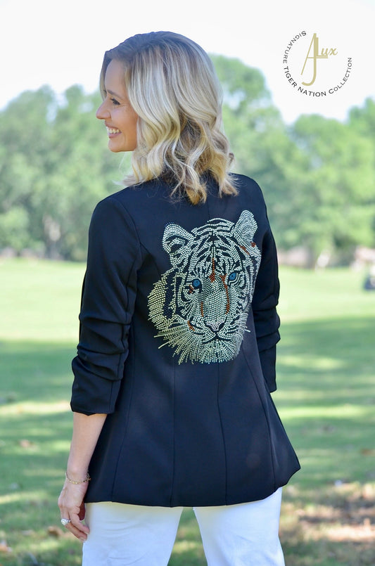 Silver Tiger Face Blue Eyes - Ruched Black Blazer