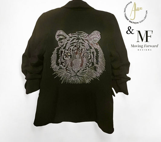 Silver Tiger Face Gold Eyes - Black Ruched Blazer