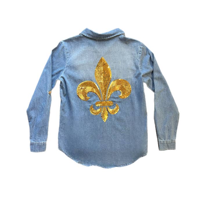 Gold Sequin Fleur de Lis Denim Button Down